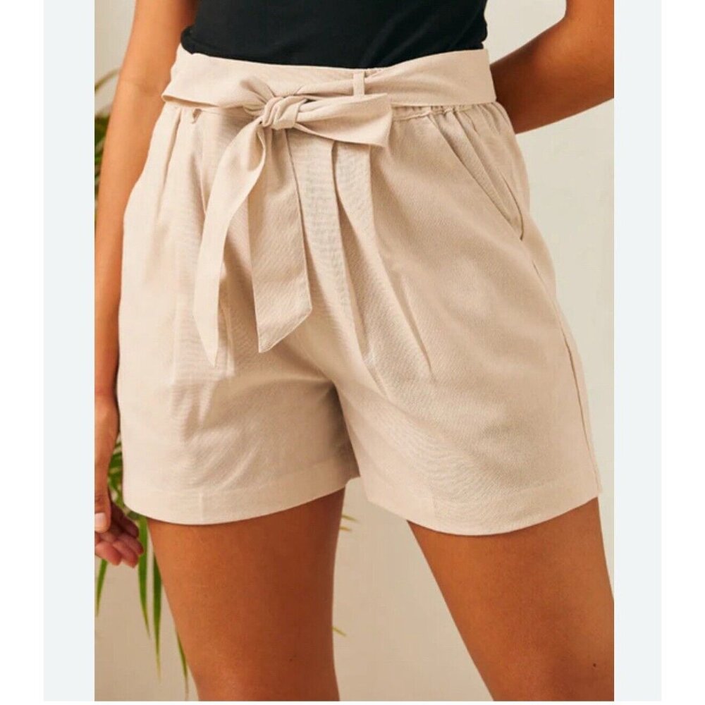Modcloth Large Paper Bag‎ Beige High-rise Shorts Slant Pockets Linen Blend nwot